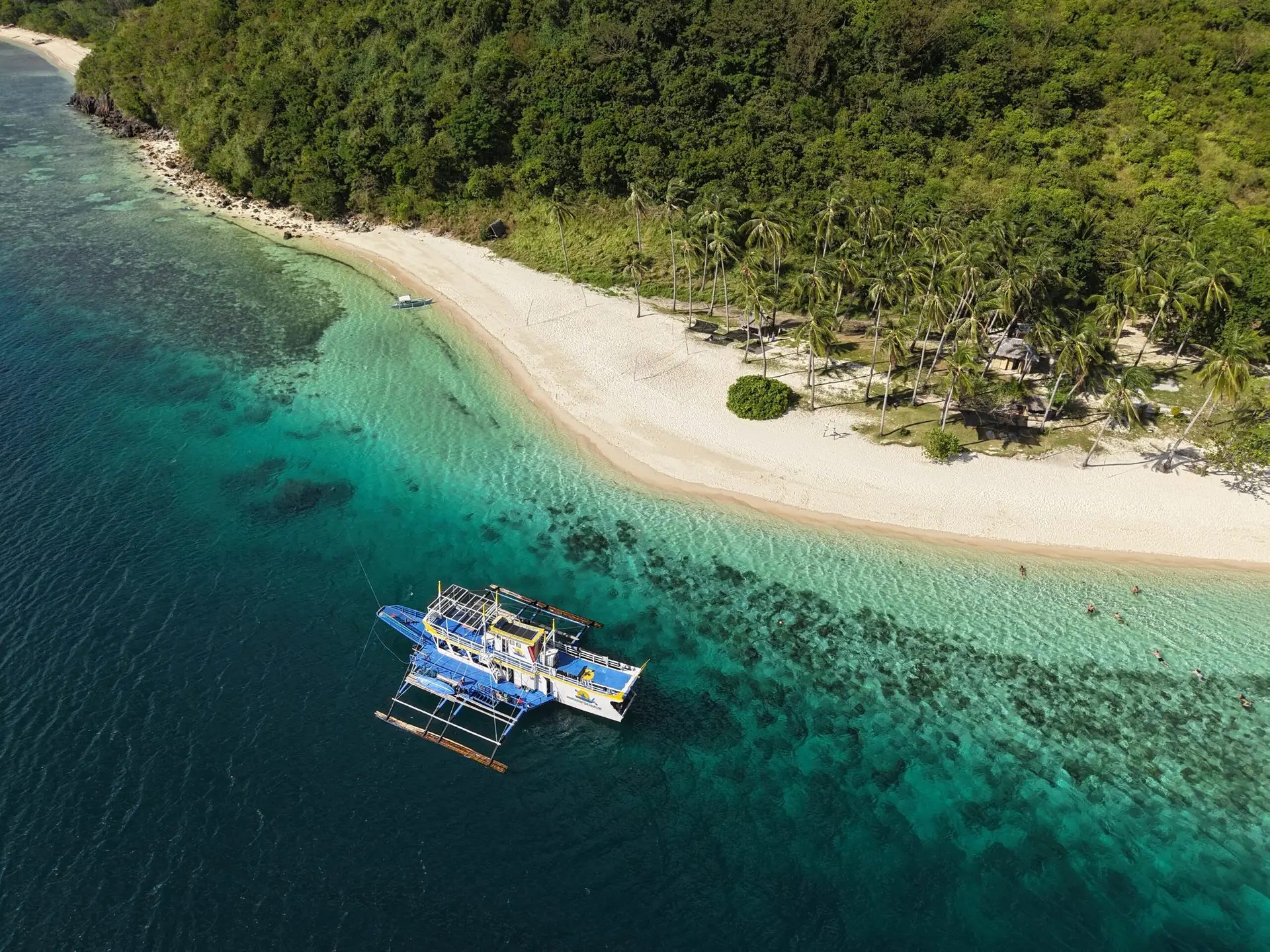 Aerial view of a blue outrigger boat anchored in turquoise water beside a white sand beach lined with palm trees